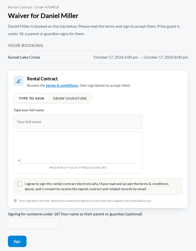 The page a guest opens from their own signing link: Waiver for Daniel Miller, the booking, the rental contract to type or draw a signature, the parent or guardian name for someone under 18, and Sign