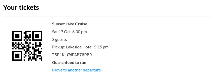 A ticket in My Account: a QR code, the Sunset Lake Cruise on Saturday 17 October at 6:00 pm, 3 guests, pickup at Lakeside Hotel at 5:15 pm, the ticket code, Guaranteed to run and Move to another departure