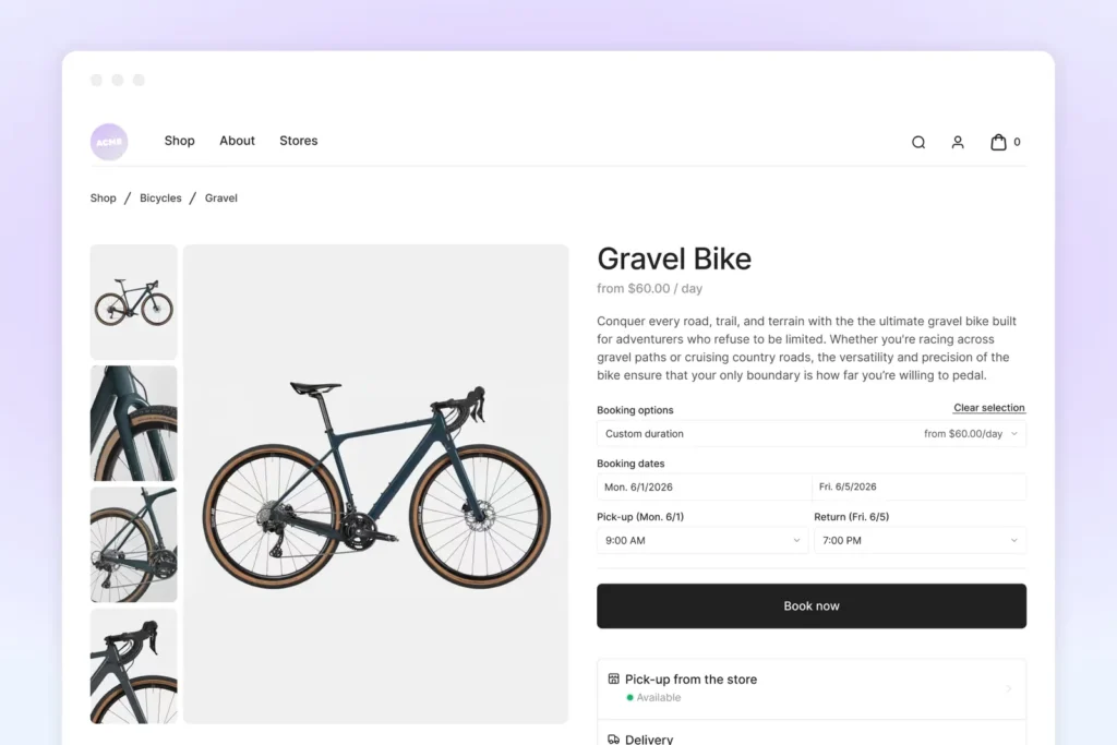 A TWICE online store listing page for a gravel bike, with booking dates, pick-up and return times and a Book now button