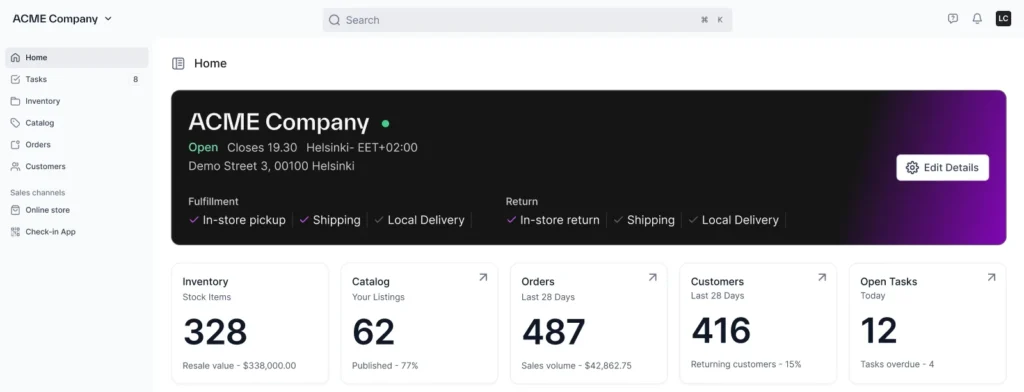 The TWICE admin Home page with the store's opening hours, fulfilment and return methods, and counts of stock items, listings, orders and customers