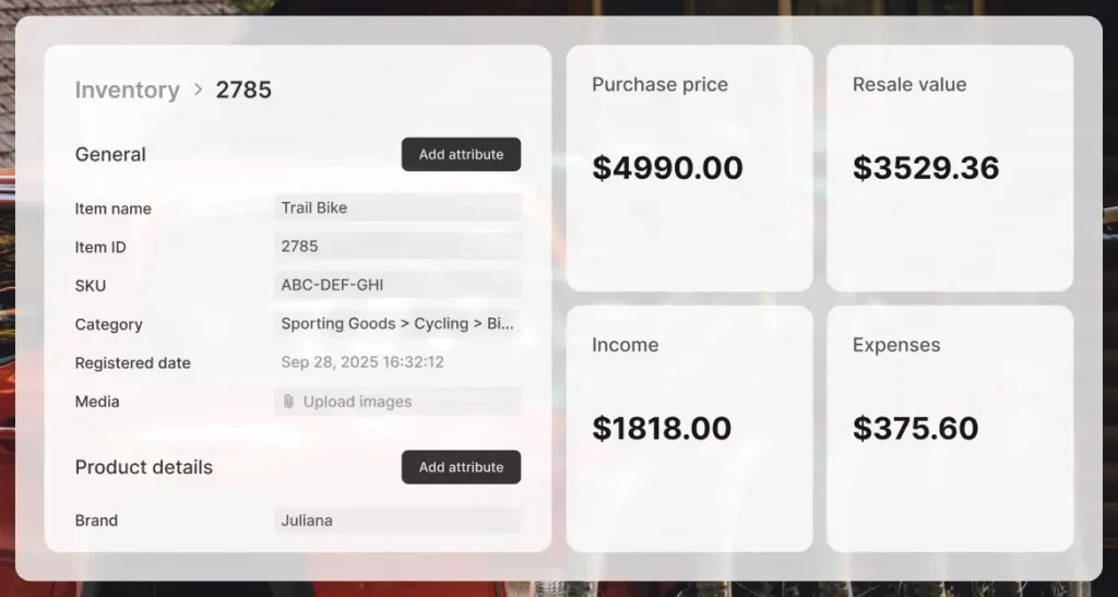 A TWICE stock item record for a trail bike with its purchase price, resale value, income and expenses