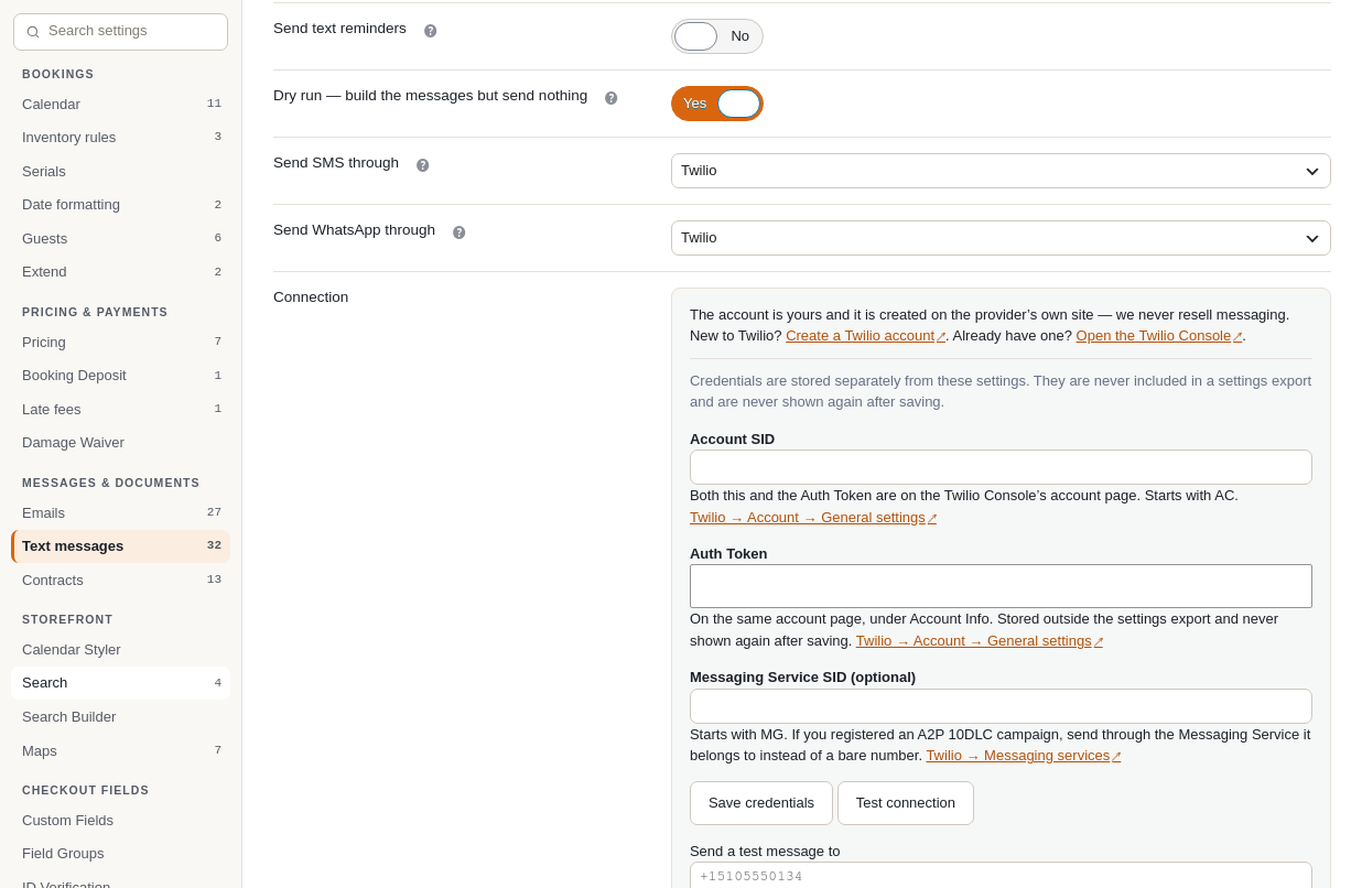 The Twilio connection panel on the Text messages tab: empty Account SID, Auth Token and Messaging Service SID boxes, each with a link to the Twilio Console page it comes from, and Save credentials and Test connection buttons