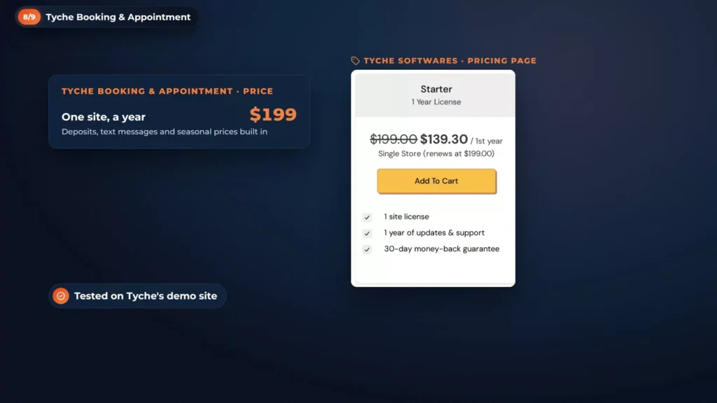 Tyche Booking & Appointment price card: 9 a year for one site with deposits, text messages and seasonal prices built in, tested on Tyche's demo site