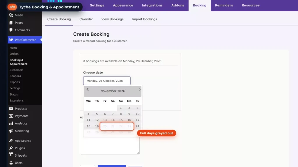 Tyche Create Booking date picker with 20 to 23 November greyed out