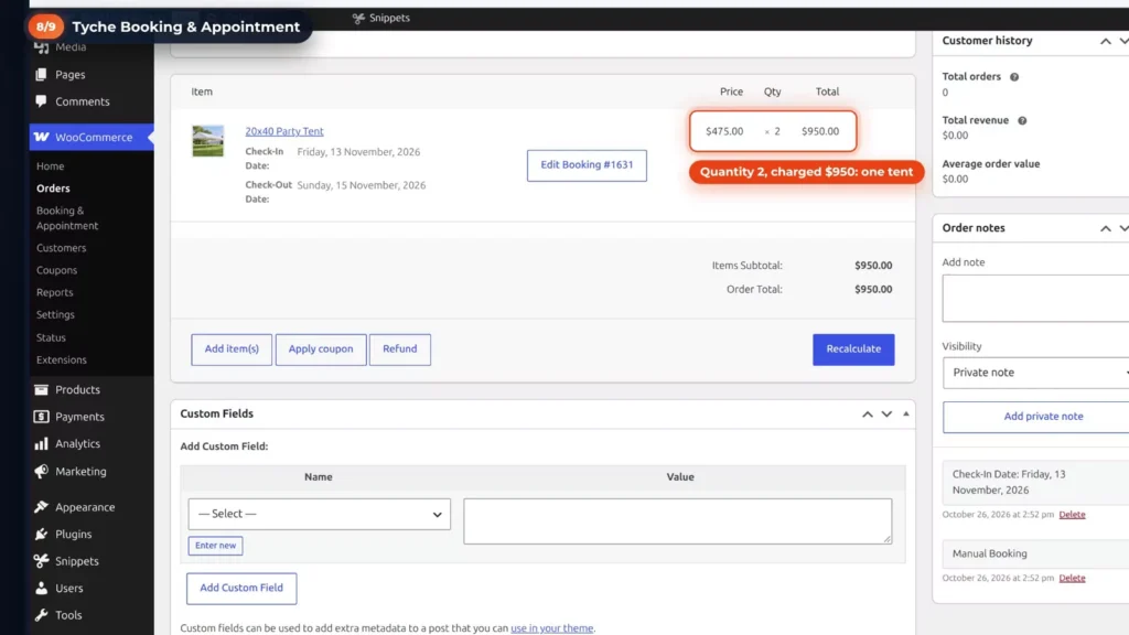 WooCommerce order from Tyche Create Booking: the party tent at quantity 2 with a total of 0, the price of one tent