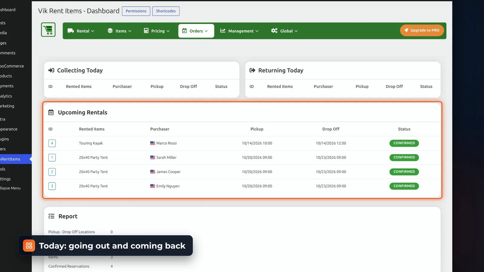 VikRentItems admin dashboard with items collecting today, returning today and upcoming rentals