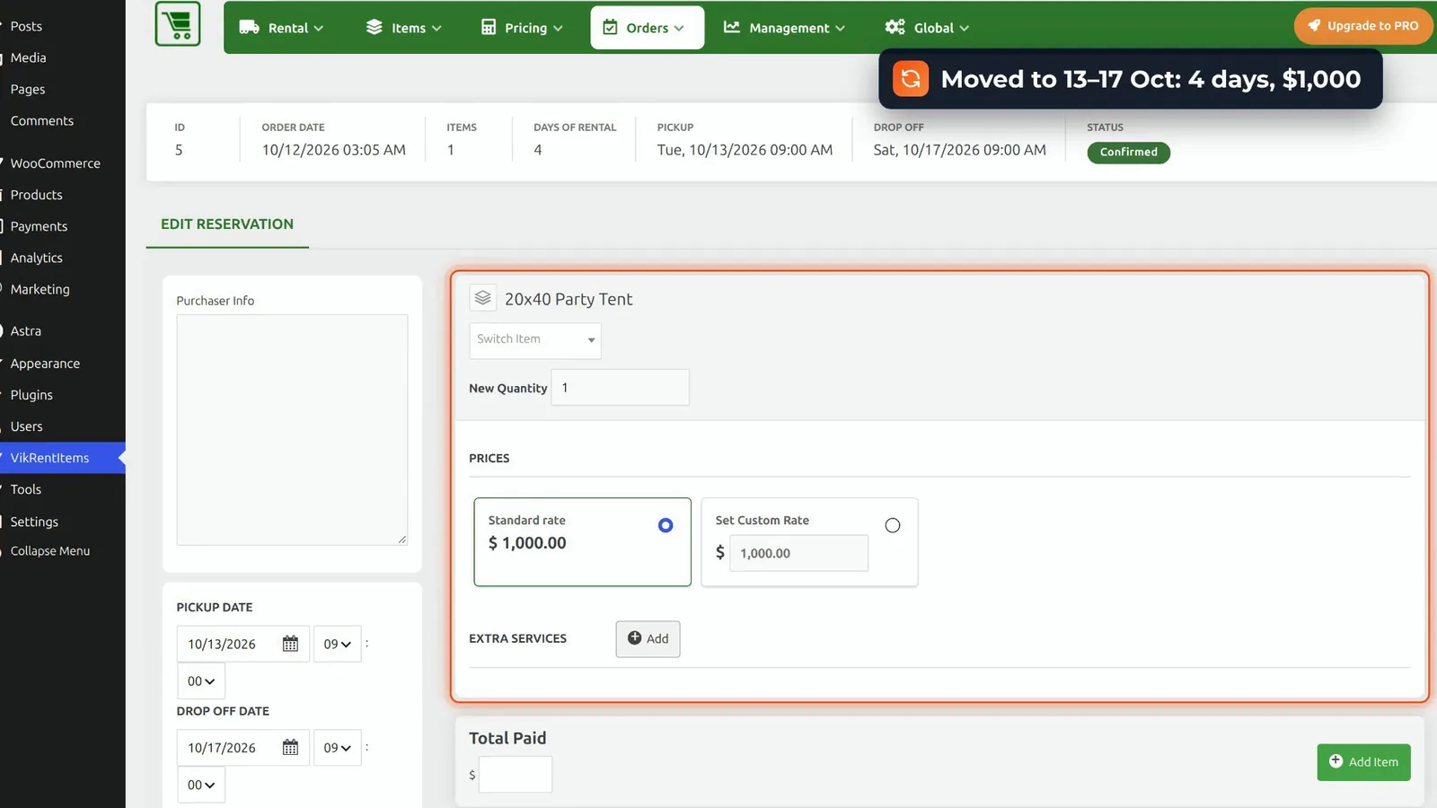 VikRentItems Edit Reservation screen after moving the booking to 13 to 17 October, re-priced to ,000 for 4 days