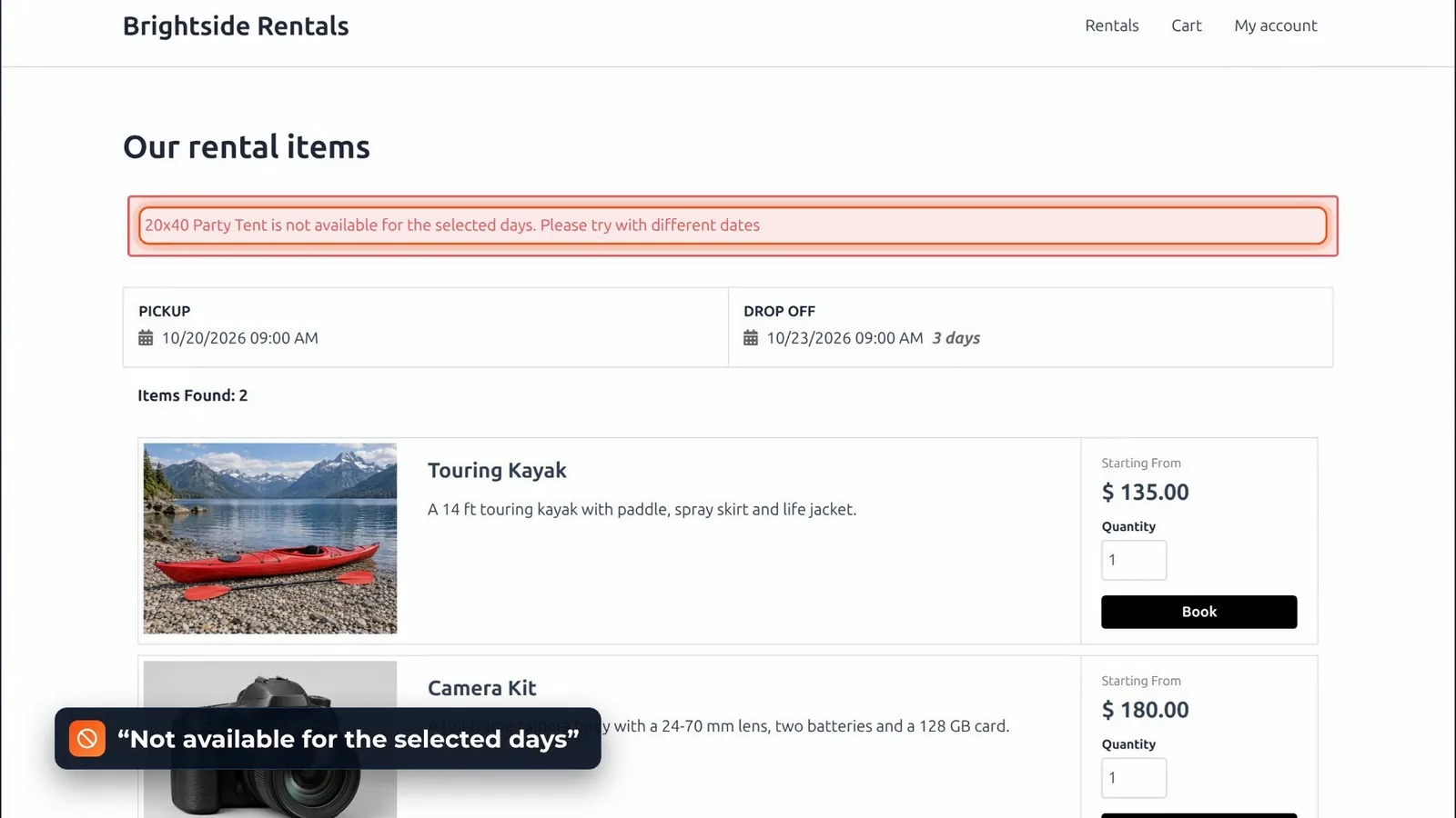 VikRentItems message: 20x40 Party Tent is not available for the selected days, with other items offered