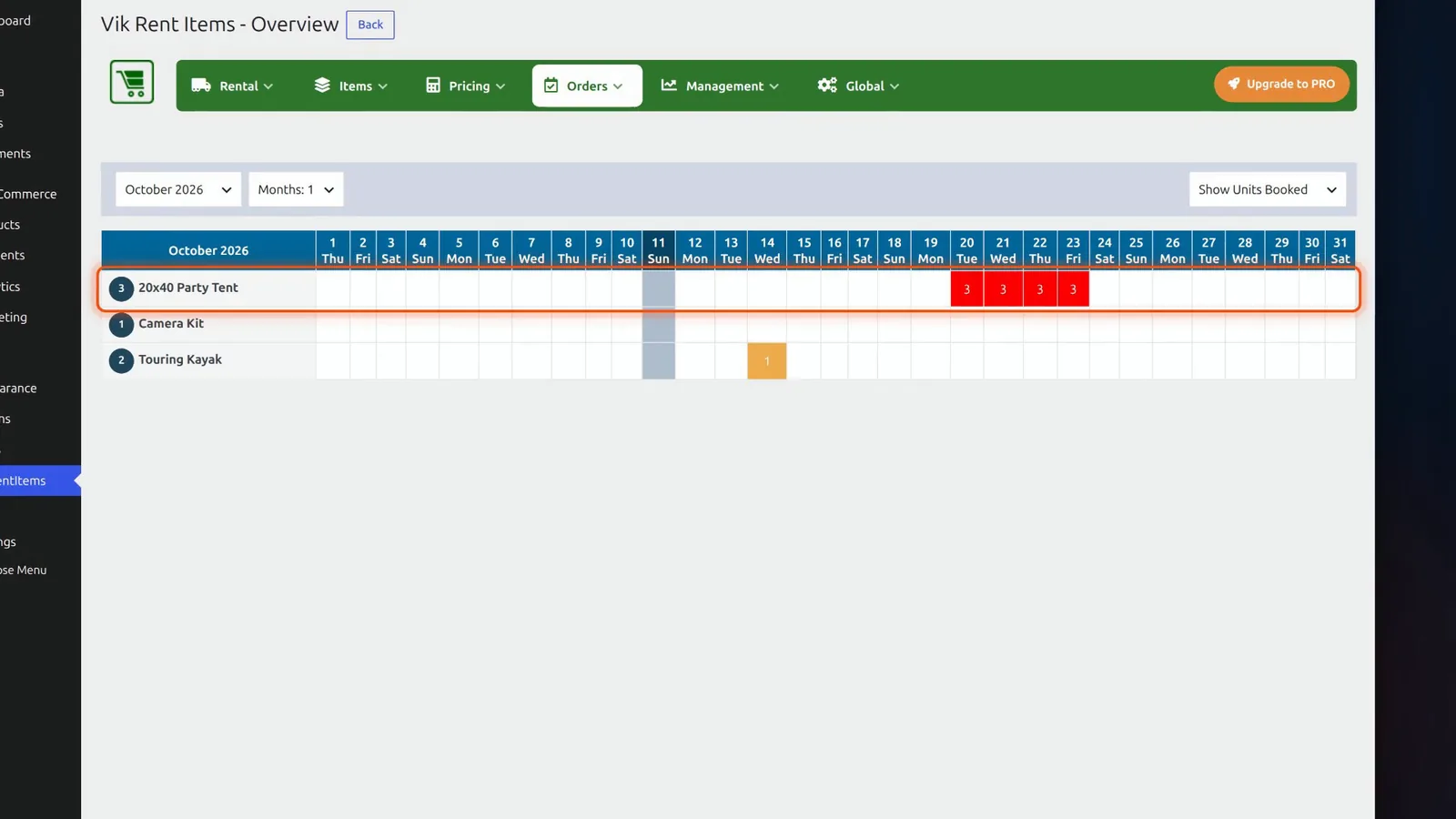 VikRentItems overview grid showing the units booked per item on each day of October