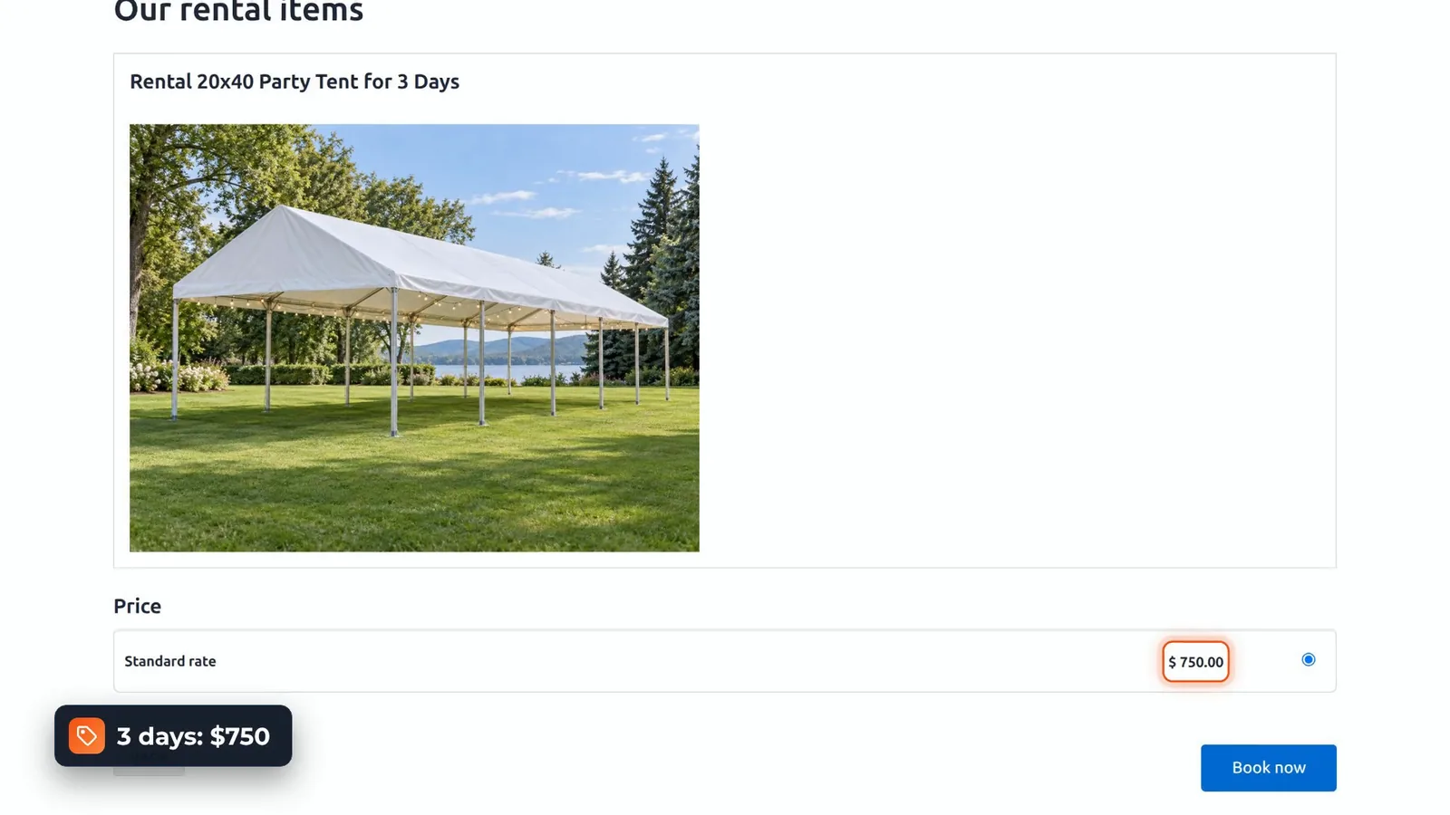 VikRentItems rental of the 20x40 party tent for 3 days with the standard rate of 0.00