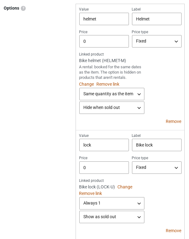Two options of the Extras field in the WooCommerce field editor: Helmet linked to the Bike helmet rental with Same quantity as the item, and Bike lock linked to the Bike lock with Always 1 and Show as sold out