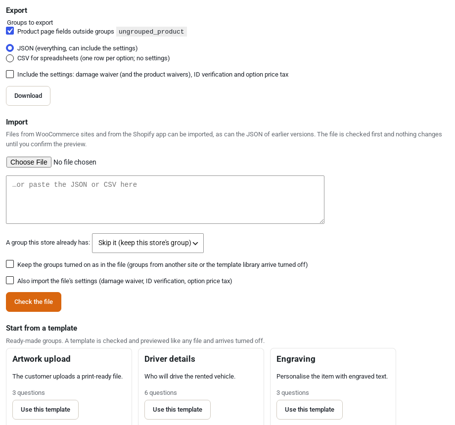 The top of the Import / export tab of the WooCommerce custom fields settings: Export with JSON or CSV, Import with a file or pasted text, and the first ready-made templates under Start from a template