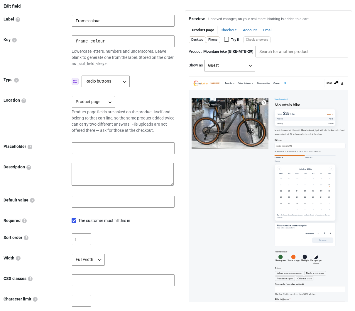 The WooCommerce custom field editor for Frame colour with the Preview column beside it, showing the Mountain bike product page with the frame colours as swatches and the extras as buttons