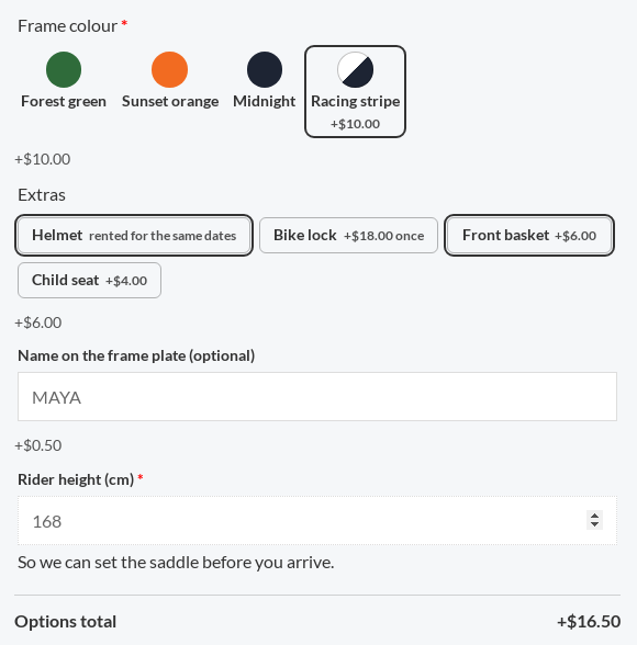 A Mountain bike rental product page with Frame colour swatches, Extras as buttons with Helmet and Front basket picked, a per-letter name plate and the options total
