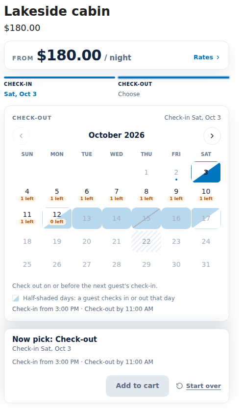 The product page of a cabin with Check-in and Check-out steps, a calendar with half-shaded check-in and check-out days, and the line Check-in from 3:00 PM, Check-out by 11:00 AM
