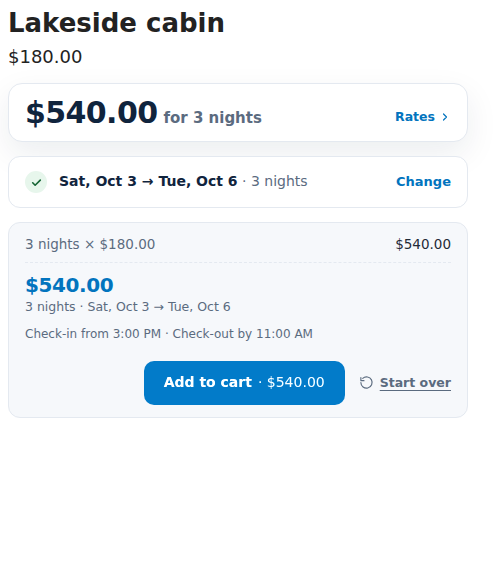 The product page after choosing Sat Oct 3 to Tue Oct 6, showing 540 dollars for 3 nights, the breakdown 3 nights times 180 dollars and the check-in and check-out times