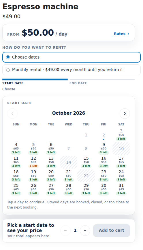 The product page of an espresso machine asking How do you want to rent, with Choose dates and Monthly rental 49 dollars every month until you return it