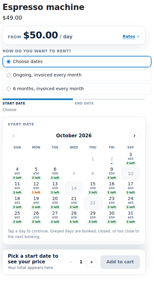 The product page of an espresso machine asking How do you want to rent with Choose dates, Ongoing invoiced every month and 6 months invoiced every month