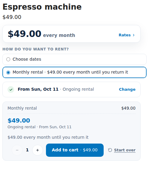 The same product with the monthly rental chosen, From Sun Oct 11, Ongoing rental, and an Add to cart button at 49 dollars every month until you return it