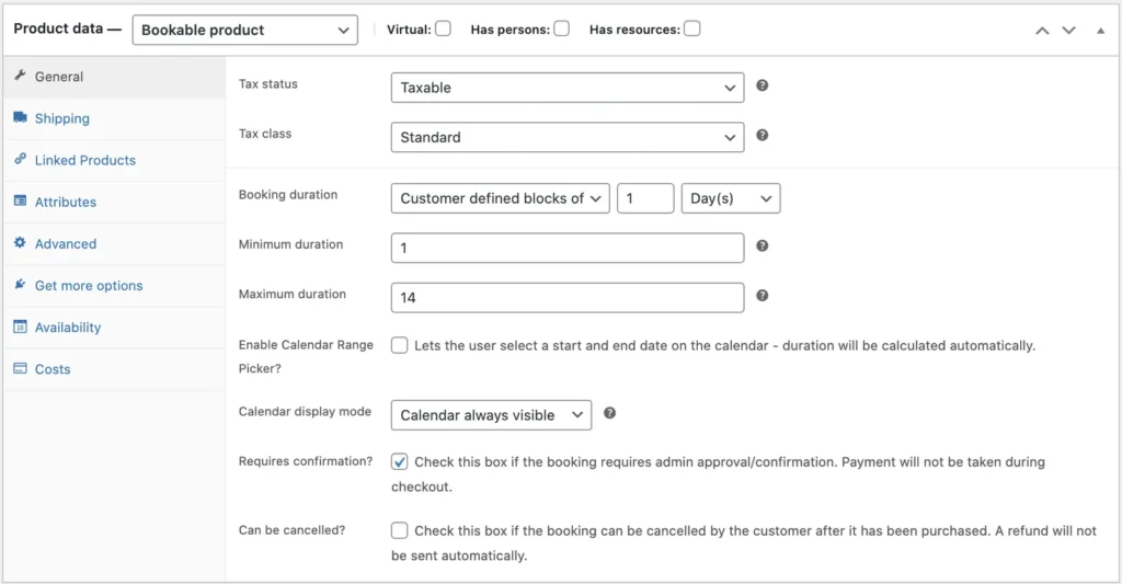 Bookable product settings with customer-defined blocks of one day, minimum and maximum duration, the range picker, confirmation and cancellation options