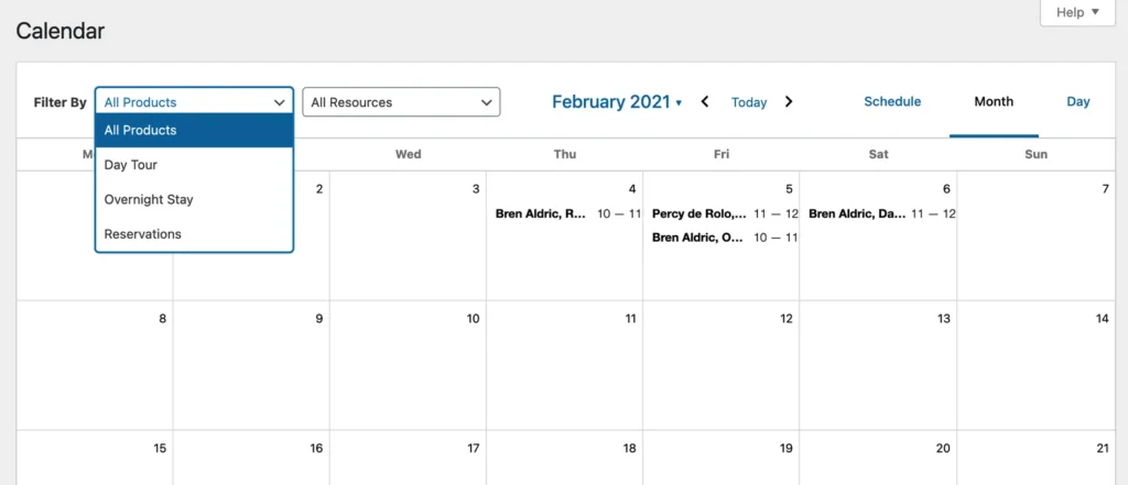 WooCommerce Bookings admin calendar for a month, with bookings on several days and filters for product and resource