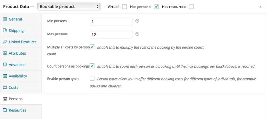 The Persons tab of a bookable product with minimum and maximum persons, cost per person and person types