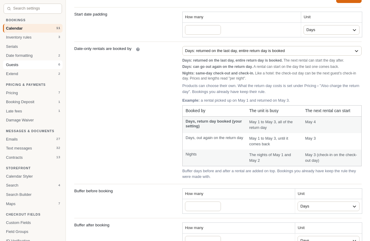The Calendar tab with Date-only rentals are booked by set to "Days: can go out again on the return day", a short explanation of each choice, and the Buffer Before Booking and Buffer After Booking fields below it