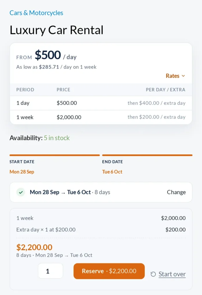 A product page booking card with day and week rates, chosen dates and a Reserve button