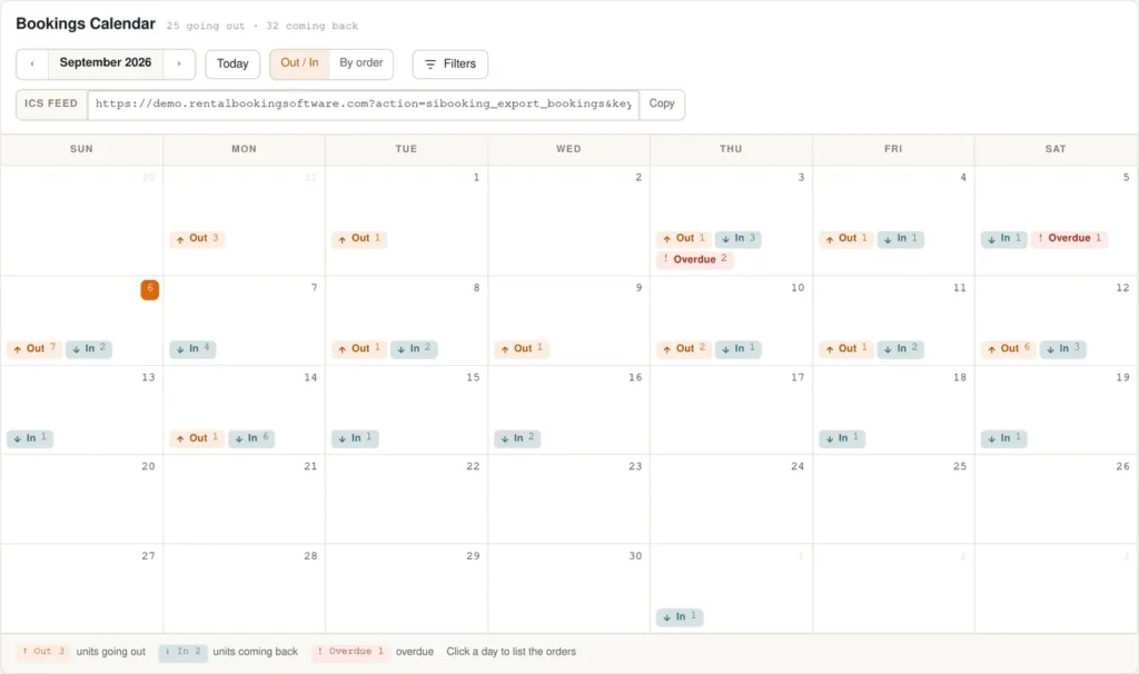 Sales Igniter bookings calendar for September 2026 with units going out and coming back each day