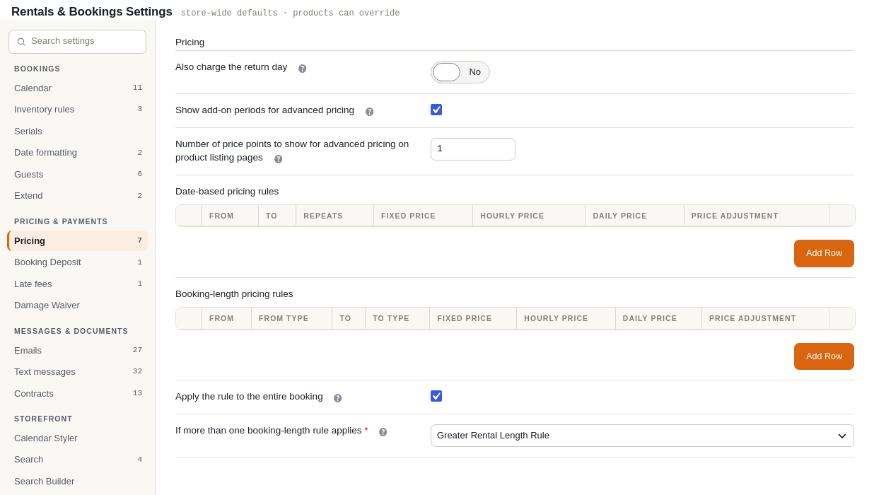 The Pricing tab with Also charge the return day set to No, and the hint "For rentals booked by the day. No: the 1st to the 3rd is 2 days (the return day is free). Yes: 3 days. Nights are charged per night."