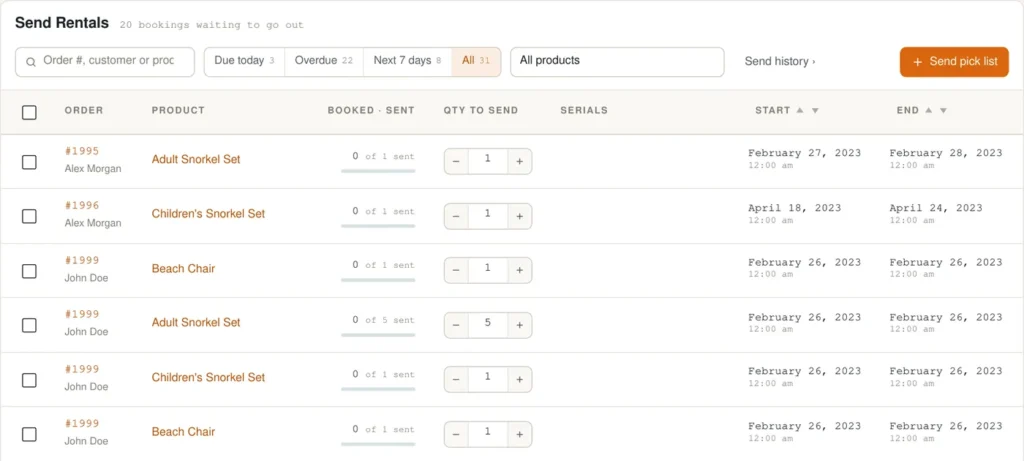 Send Rentals screen listing bookings waiting to go out, with quantities to send and serial pickers