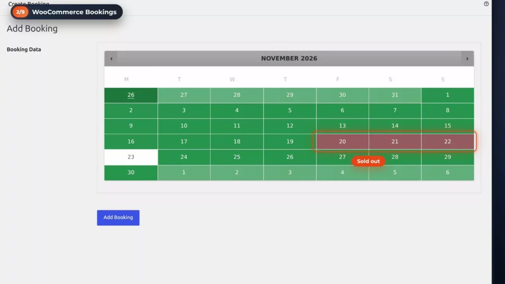 WooCommerce Bookings Add Booking calendar for November 2026 with Fri 20 to Sun 22 marked sold out