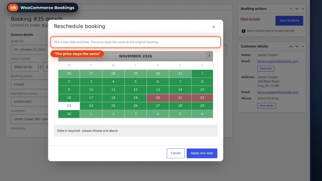 WooCommerce Bookings Reschedule booking dialog saying the price stays the same as the original booking