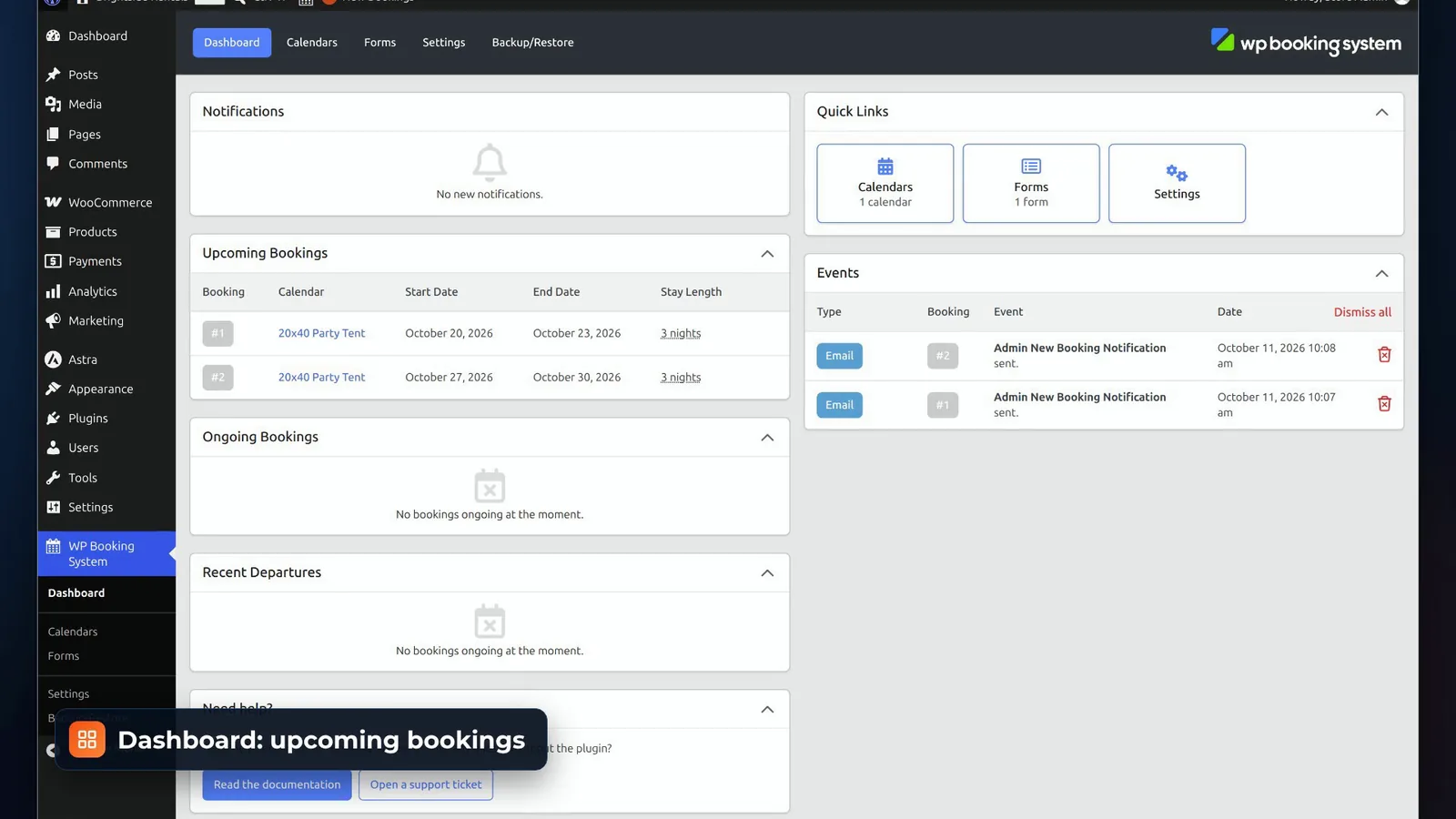 WP Booking System dashboard in the WordPress admin with upcoming bookings and events