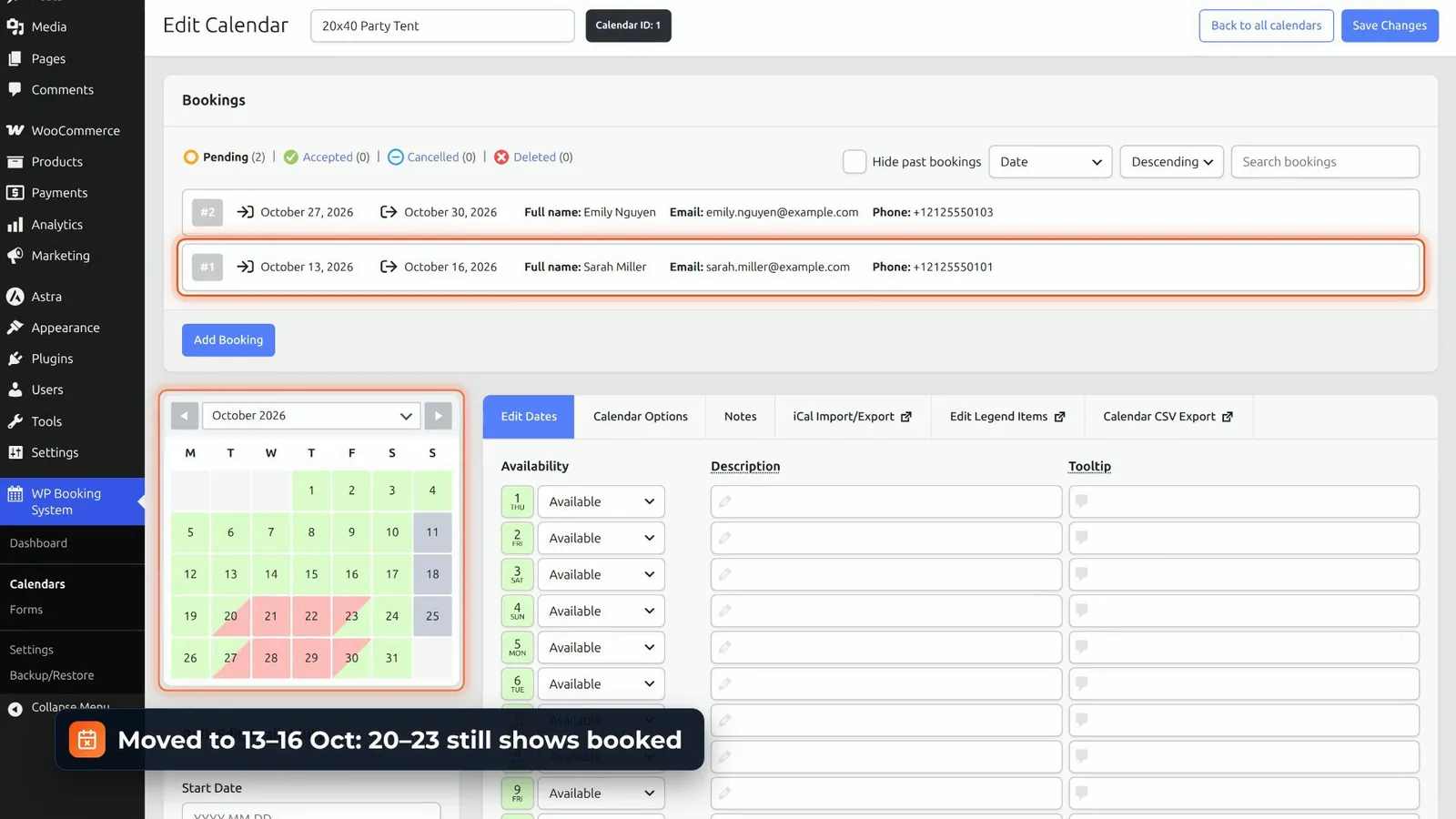 WP Booking System calendar editor after a booking was moved to 13 to 16 October, with 20 to 23 October still shown as booked