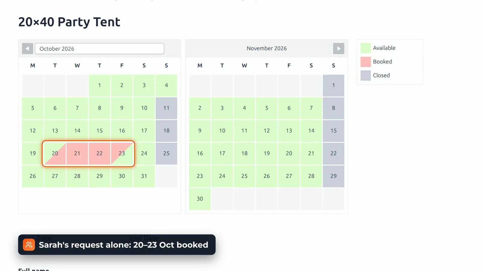 WP Booking System calendar with 20 to 23 October marked booked after one booking request