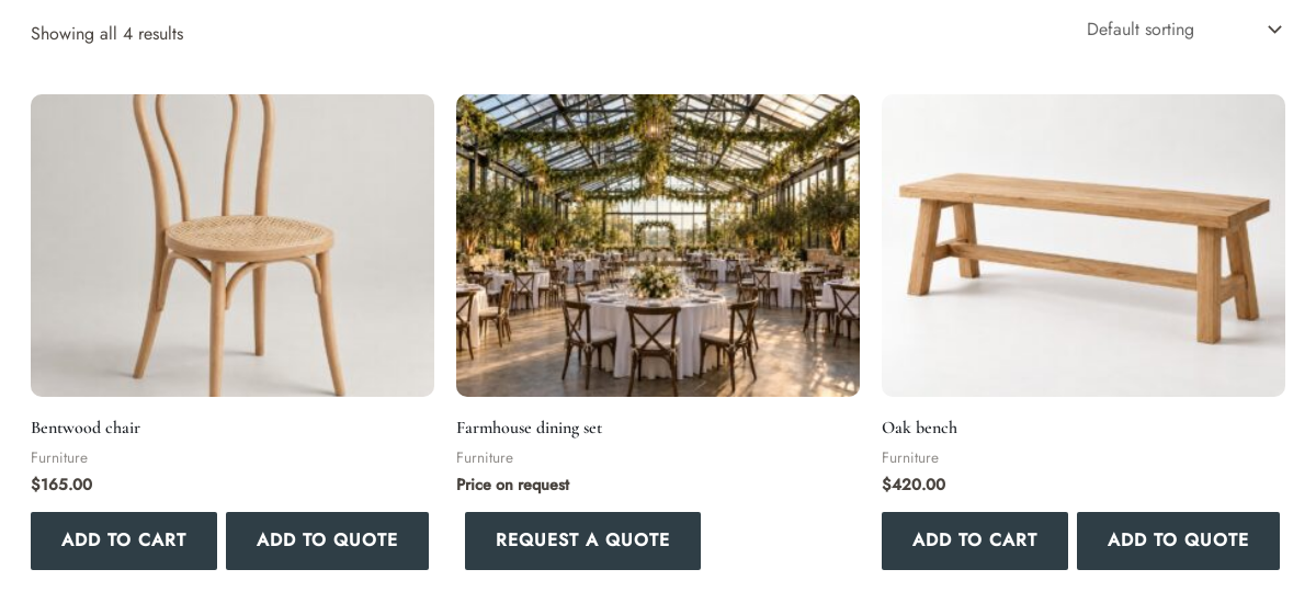 A Furniture category page with a bentwood chair showing its price, Add to Cart and Add to quote, and a farmhouse dining set showing Price on request and Request a quote