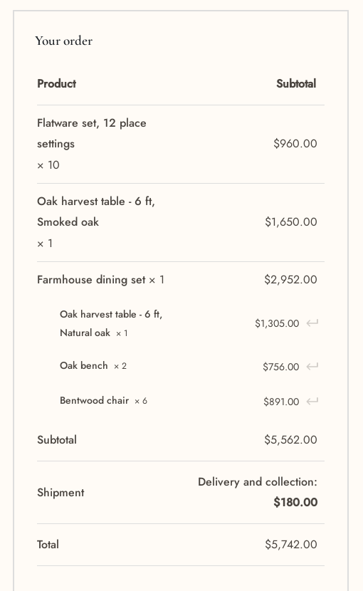 The Your order box at checkout with the quoted items at the quoted prices and a Delivery and collection shipping line of 180.00