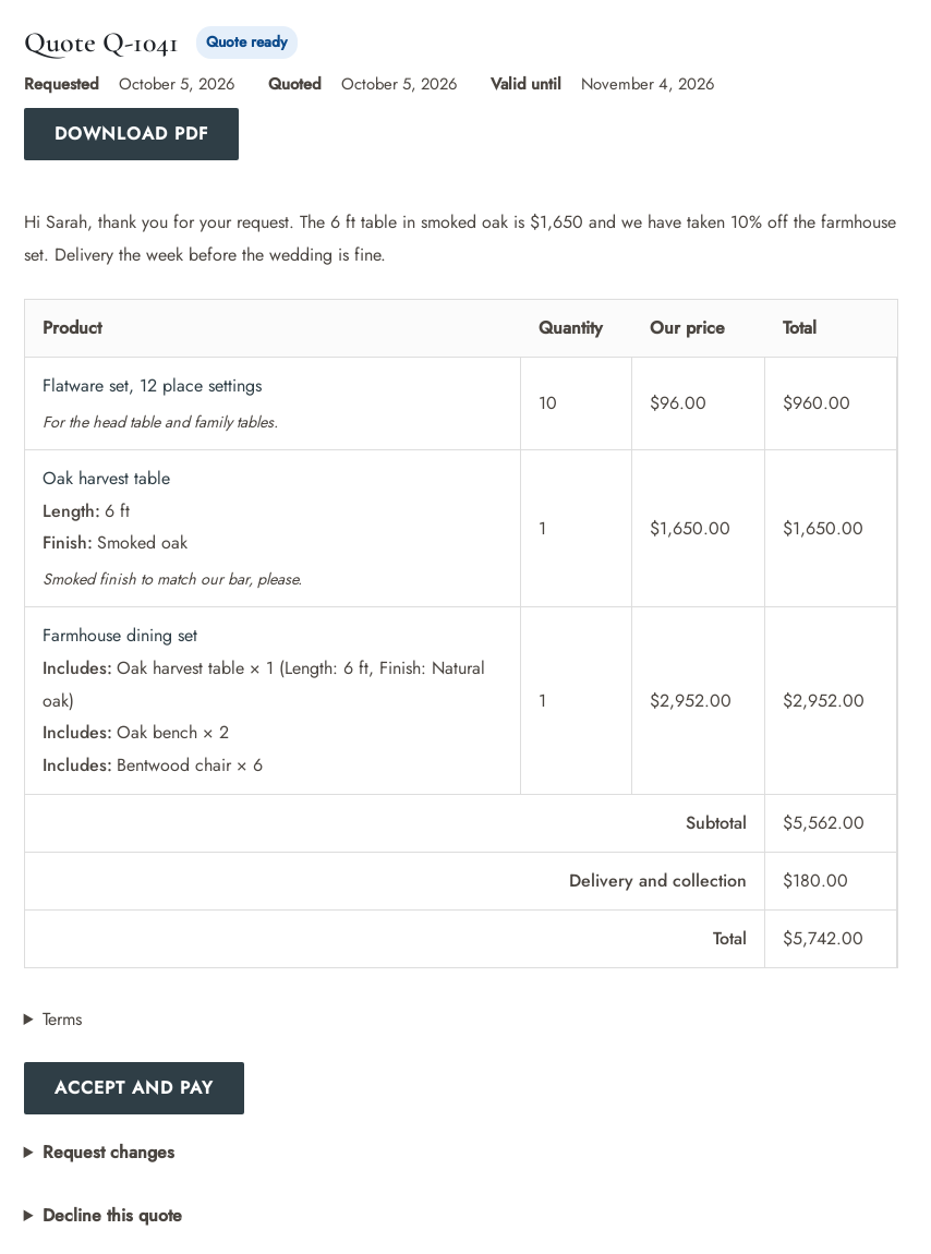 Quote Q-1041 with the status Quote ready, the dates, a Download PDF button, the store’s message, the items with Our price, the totals and an Accept and pay button