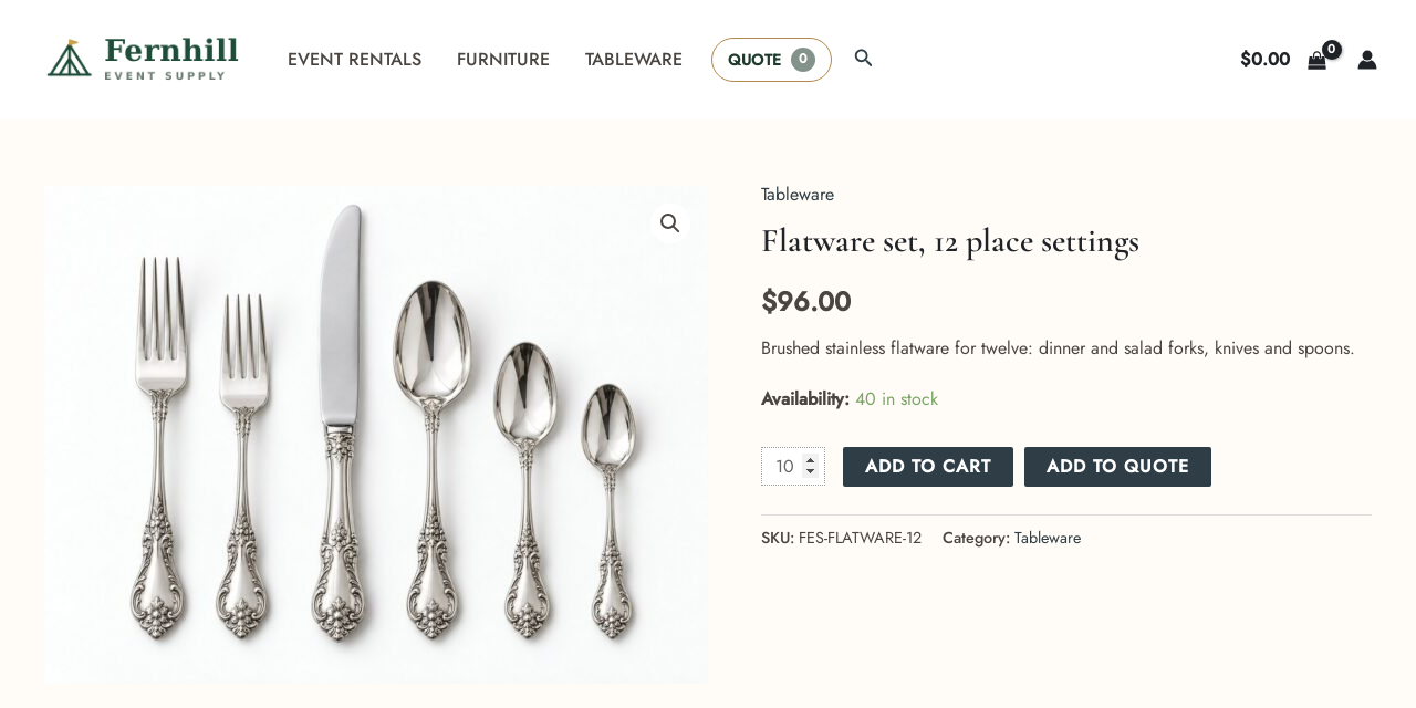 A product page for a flatware set at 96 dollars, quantity 10, with Add to Cart and Add to quote side by side and a Quote link in the menu