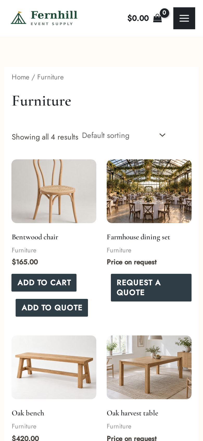 A Furniture category on a phone: a bentwood chair with Add to Cart and Add to quote, and a farmhouse dining set with Price on request and Request a quote