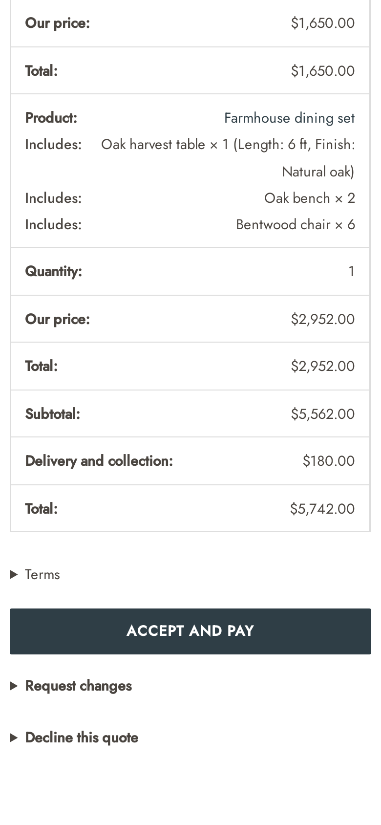 The bottom of a quote on a phone with the items, the subtotal, delivery and the total, then Terms, Accept and pay, Request changes and Decline this quote