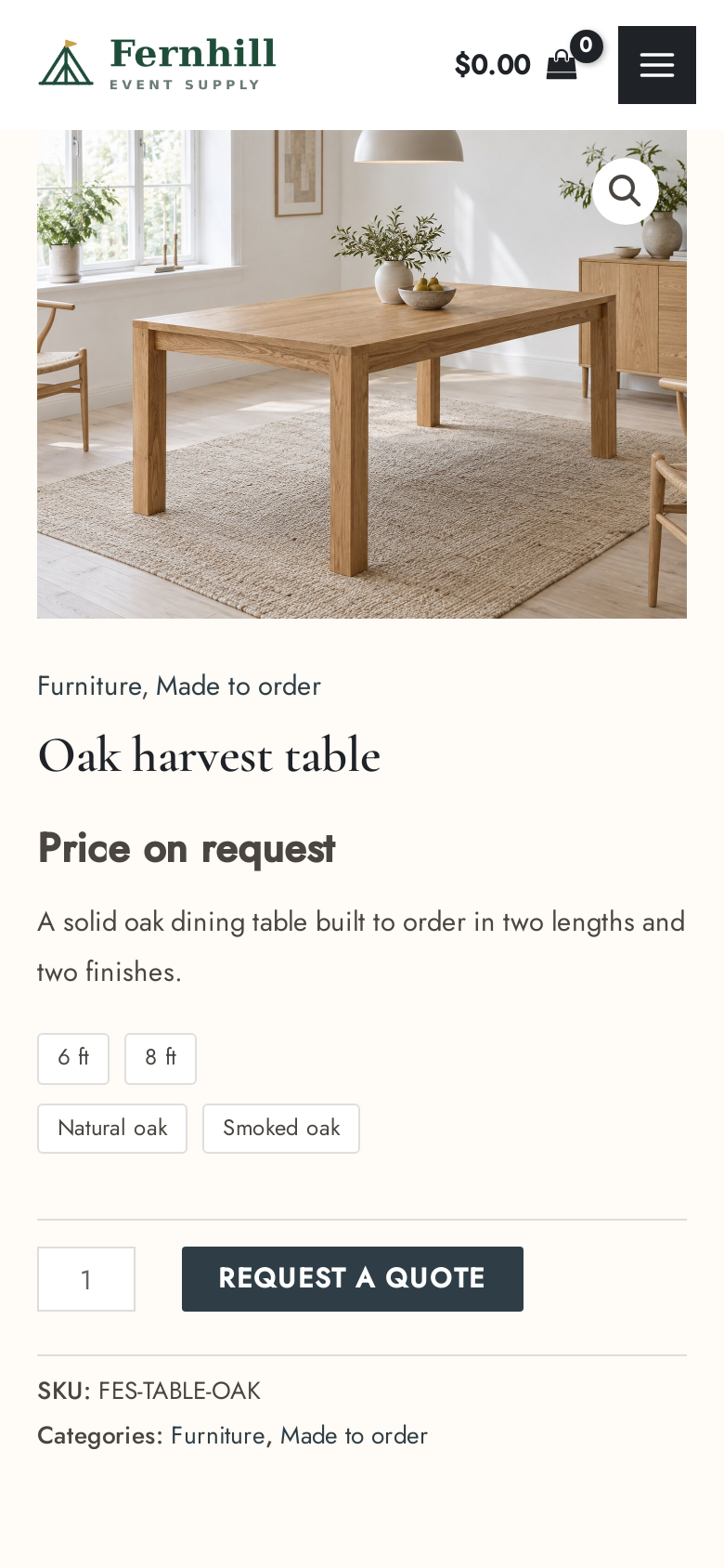 An oak harvest table product page on a phone with Price on request, the length and finish choices and a Request a quote button