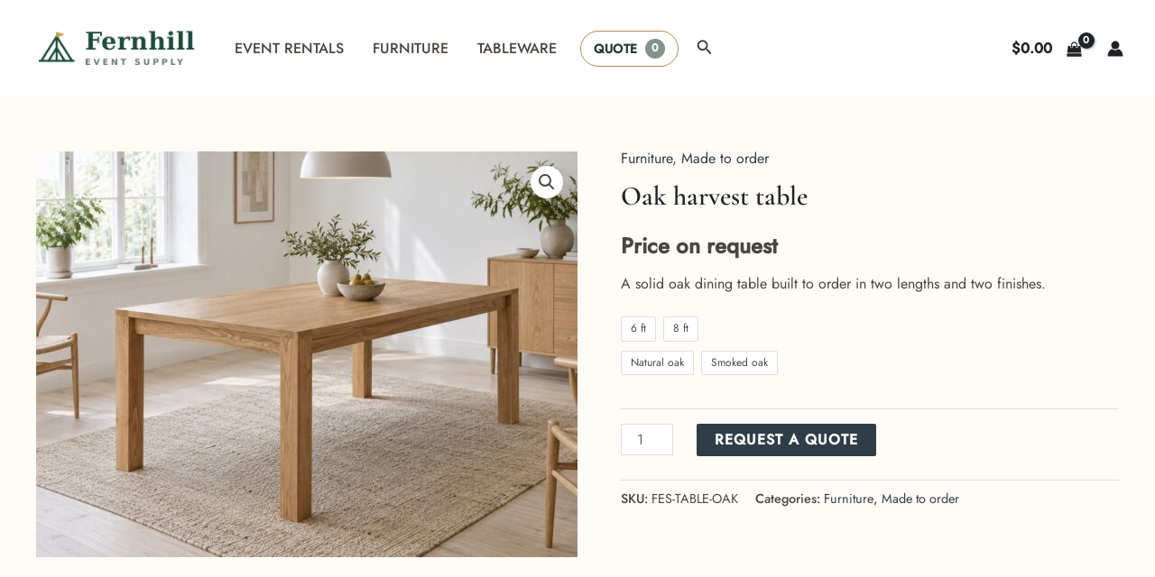 An oak harvest table product page where the price reads Price on request and a Request a quote button replaces Add to Cart