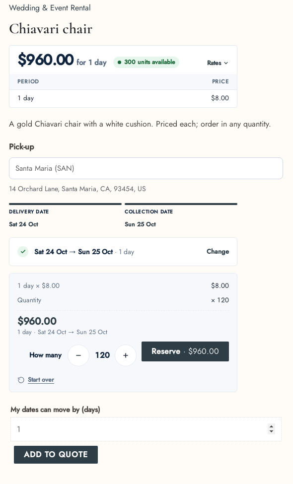A gold Chiavari chair rental page with a pickup location, delivery on Saturday 24 October and collection on Sunday 25 October, a quantity of 120, My dates can move by 1 day and an Add to quote button