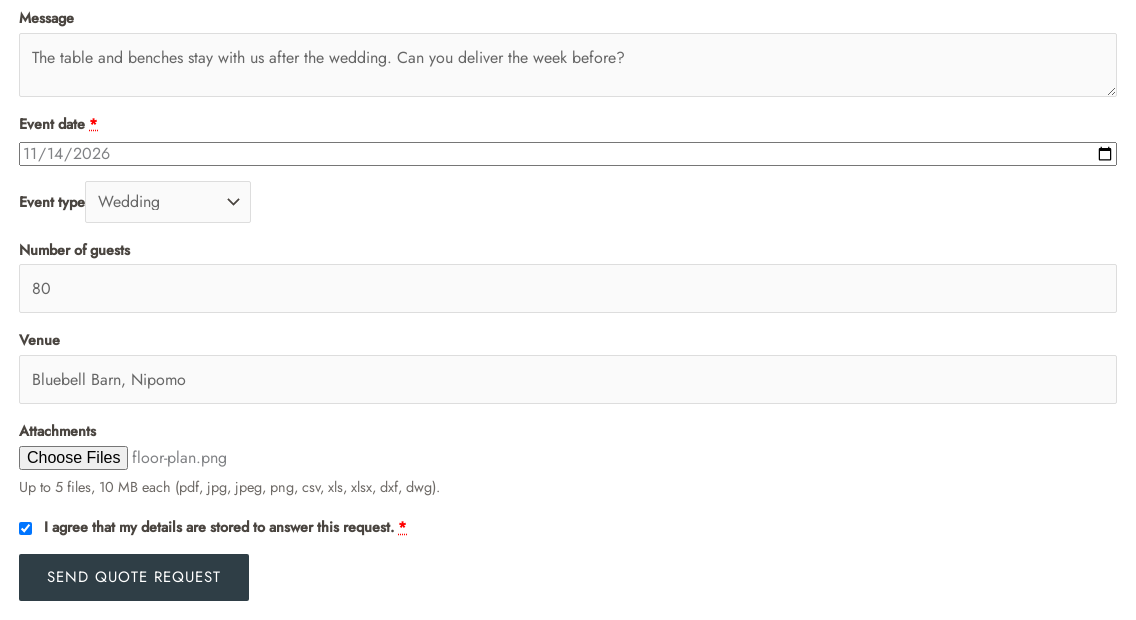 The request form with a message, custom fields for the event date, event type, number of guests and venue, a floor plan attached and the consent checkbox