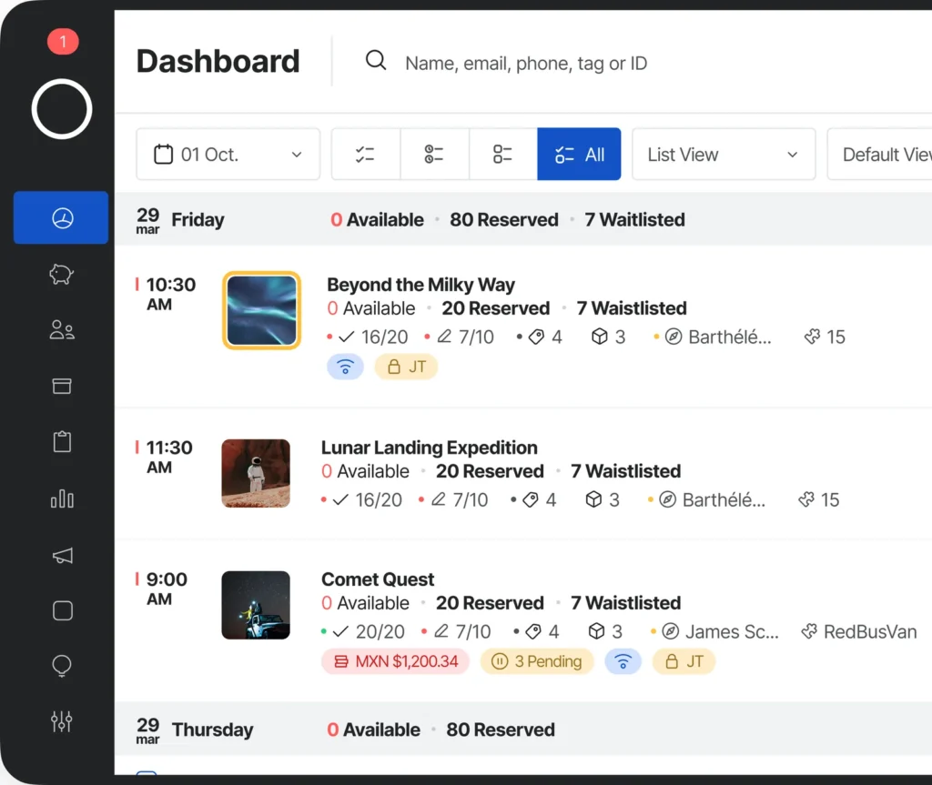 Xola dashboard in list view: each time slot with the places available, reserved and waitlisted, check-ins, the guide and the equipment