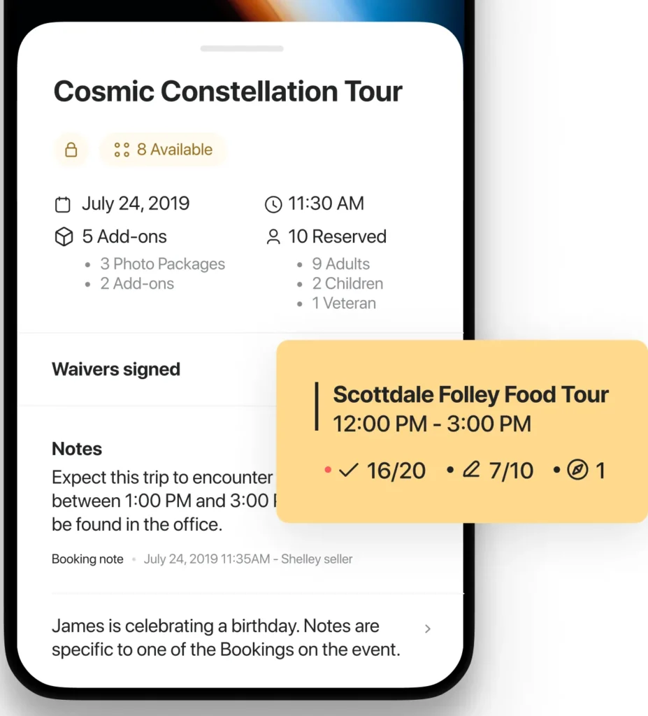 Xola phone app: an event with places available, guests reserved by type, add-ons, signed waivers and booking notes