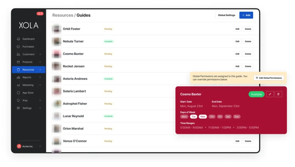 Xola guides list with sample names and availability, and one guide’s available days and time ranges