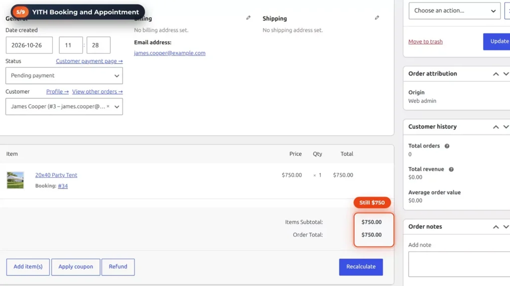 WooCommerce order for a YITH booking still at 0 after the return was moved to Monday